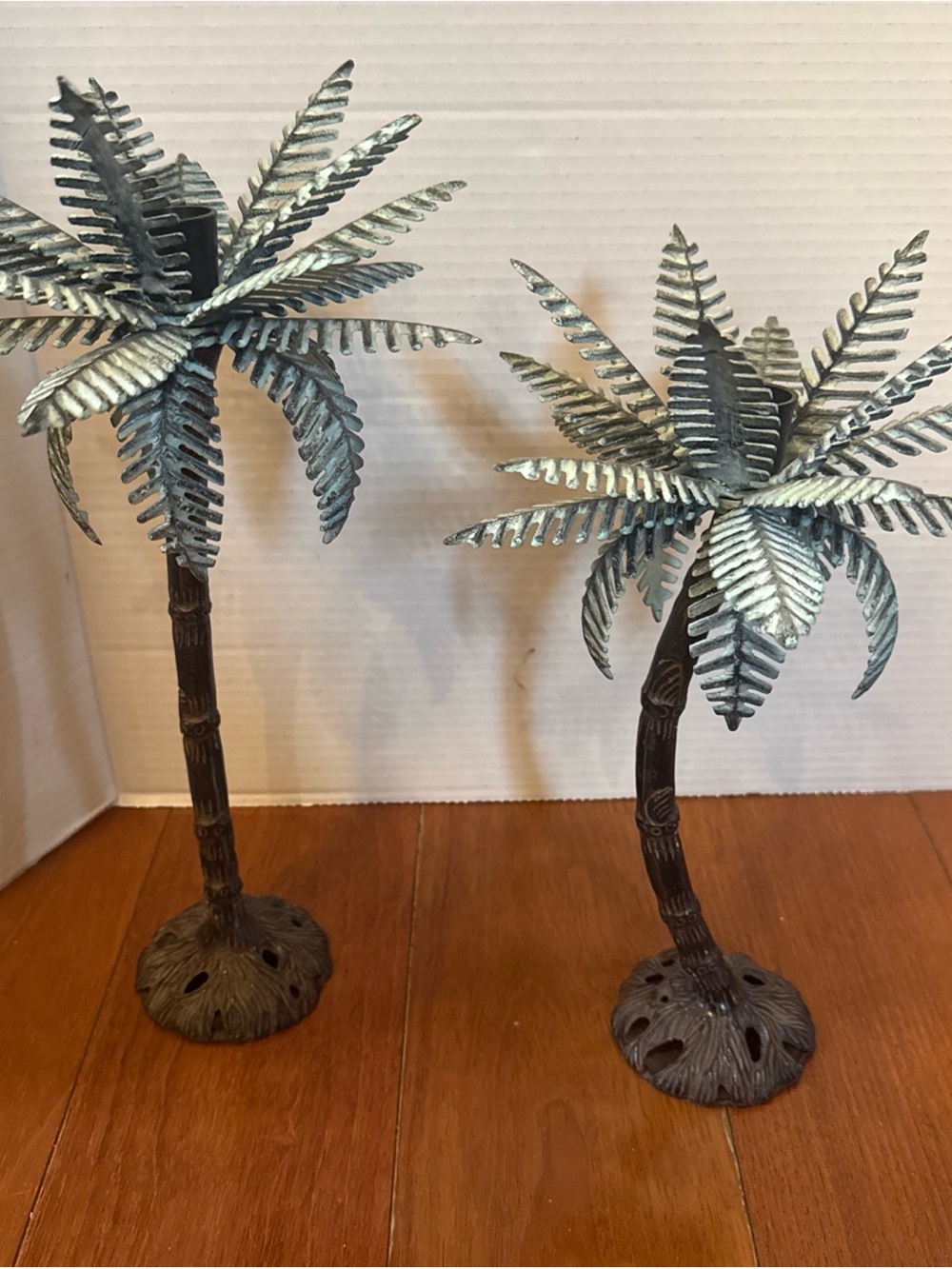 VTG Set 2 Palm Tree Candlestick Holders Cast Metal 12" 14" India Beach Coastal